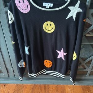 THML Women's Black Sweater with Colorful Smiley and Star Patterns